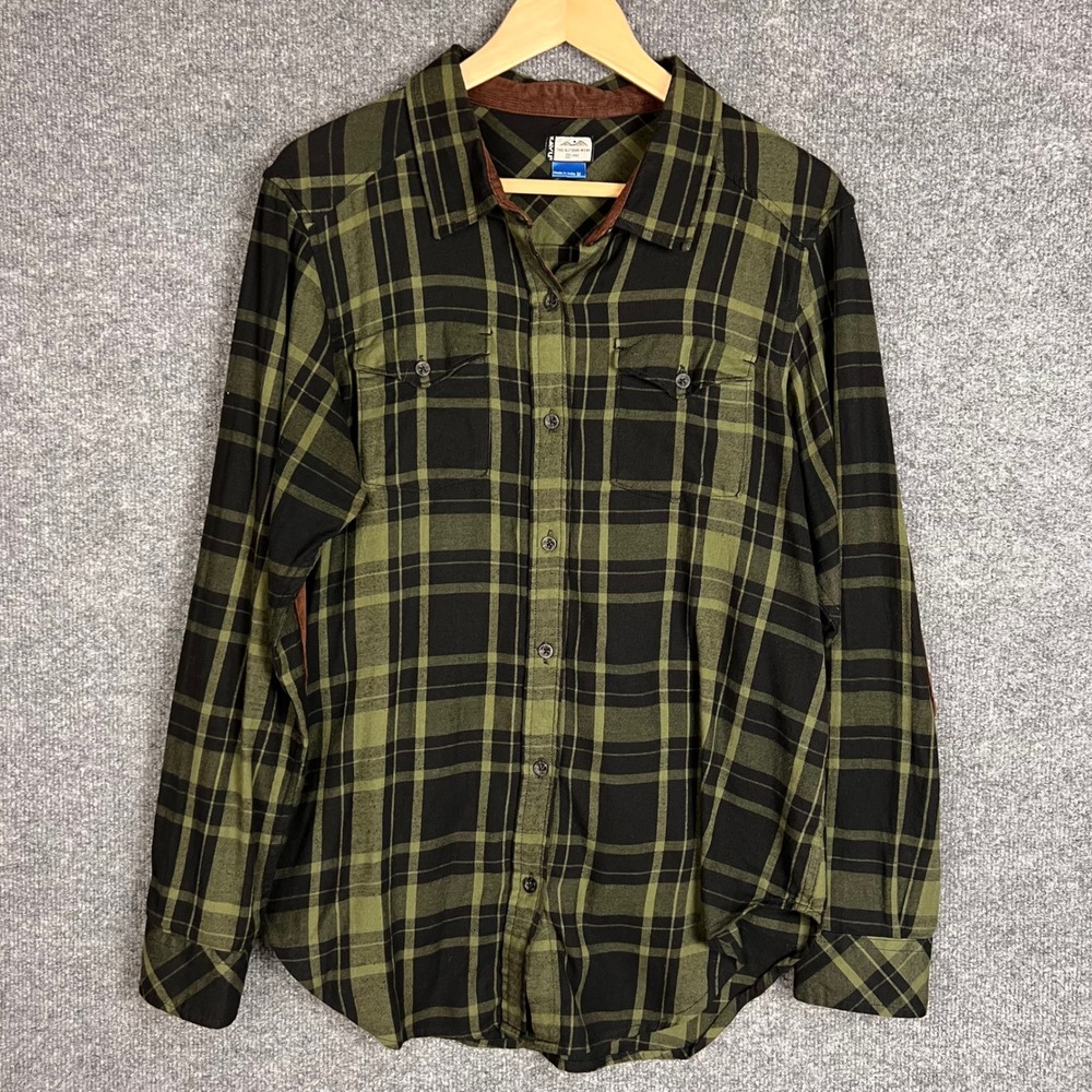 KAVU Flannel Shirt Womens Medium Green Elbow Patches Plaid Button Up